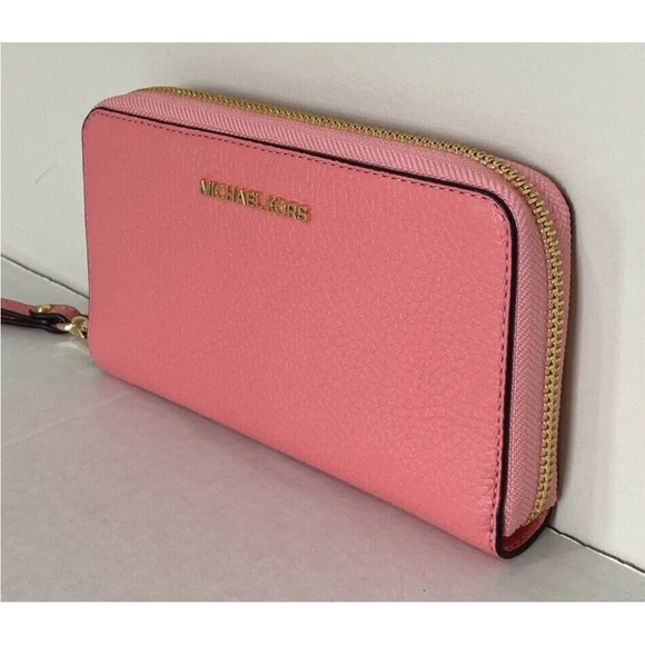 New Michael Kors Jet Set Travel Large Flat phone case Leather wallet Grapefruit - Picture 2 of 4